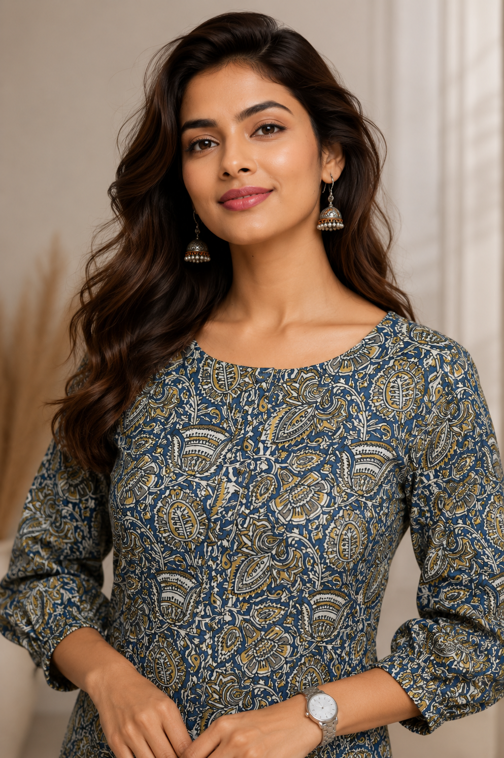 Blue & Mustard Paisley Printed Straight Kurta