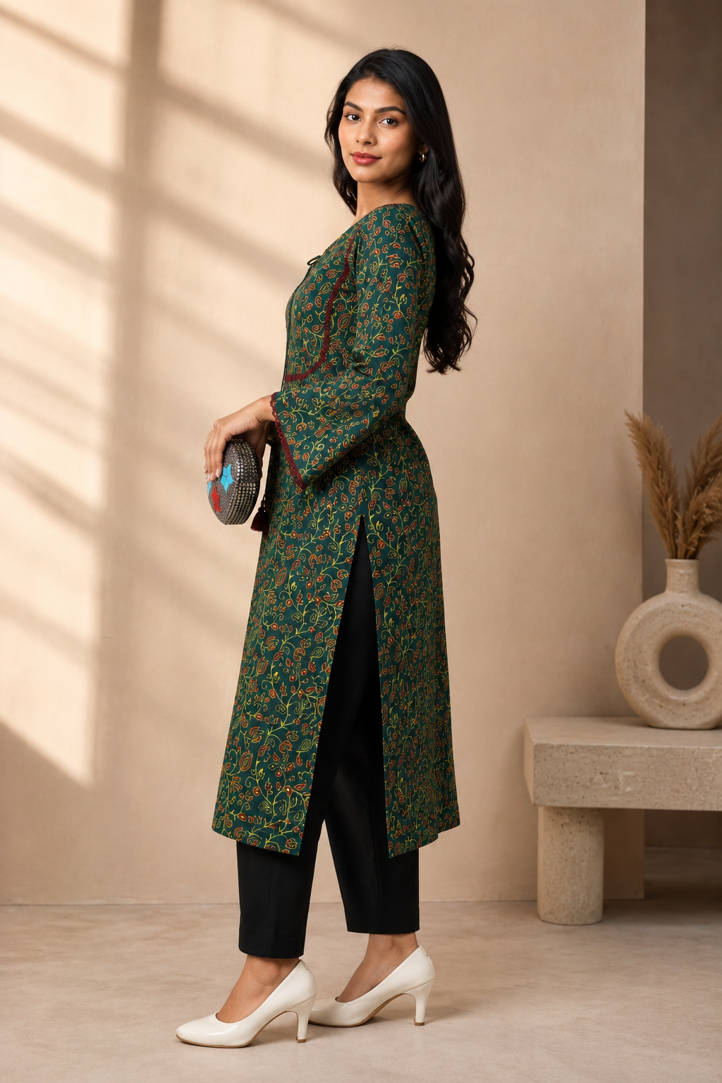 Green Ethnic Floral Printed Kurti