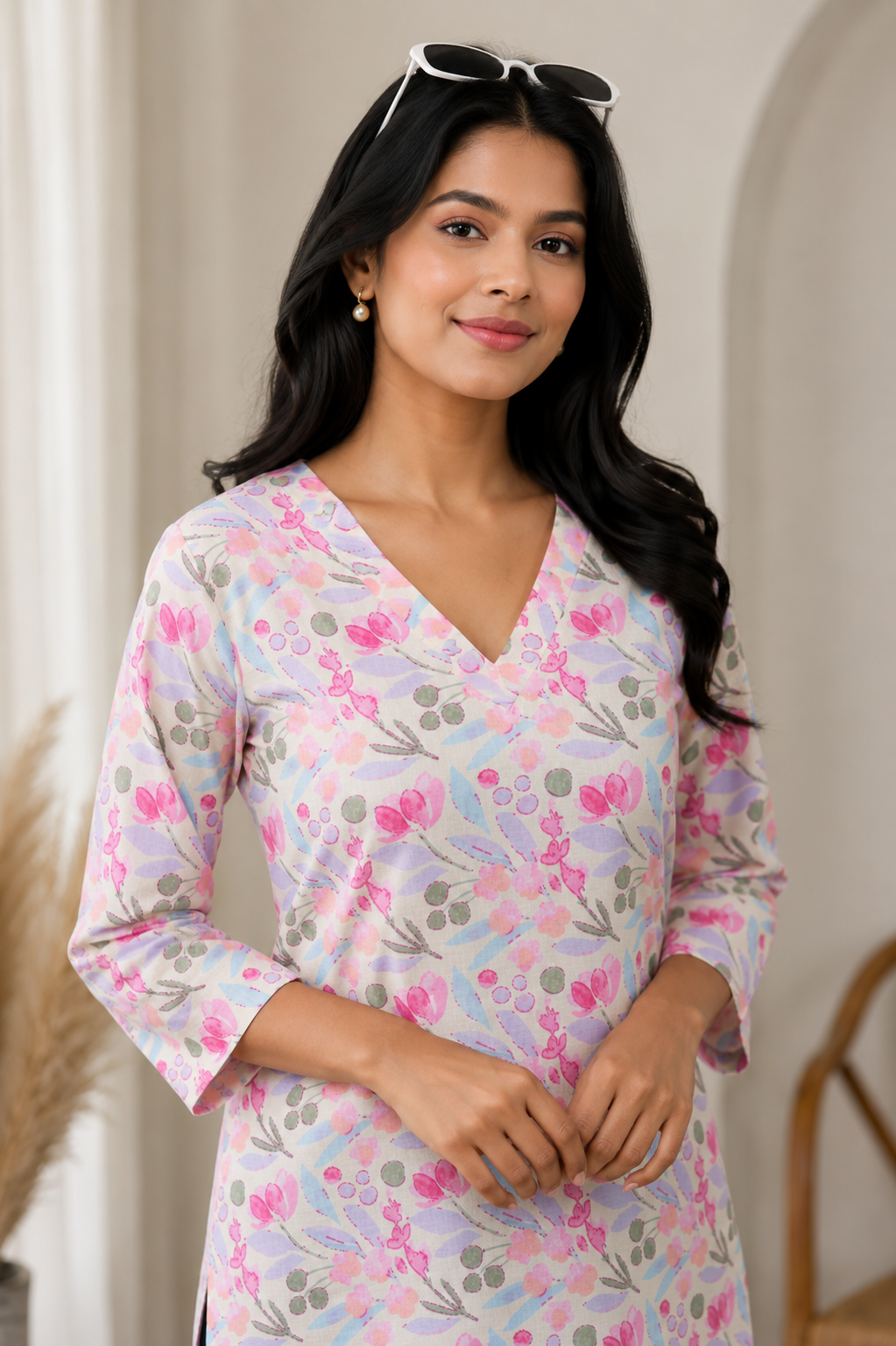 Pastel Floral Printed Cotton Short Kurti