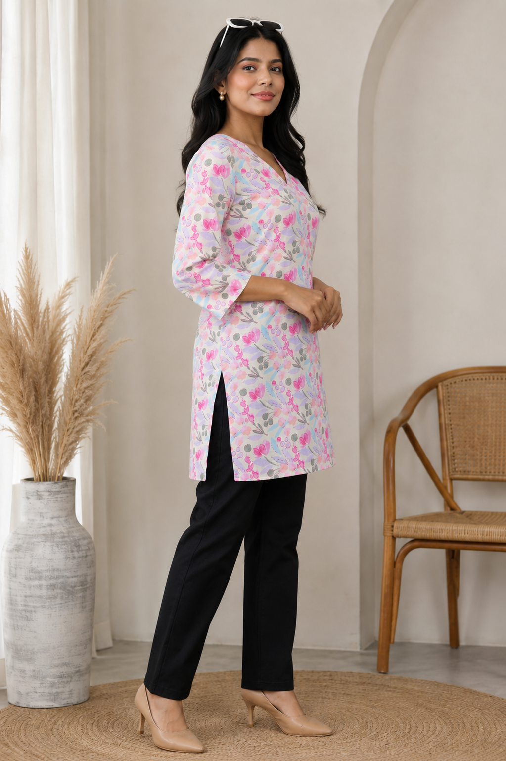 Pastel Floral Printed Cotton Short Kurti