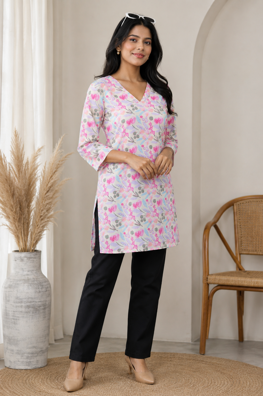 Pastel Floral Printed Cotton Short Kurti