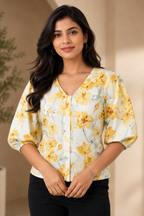 Yellow Floral Printed Puff Sleeve Cotton Top for Women