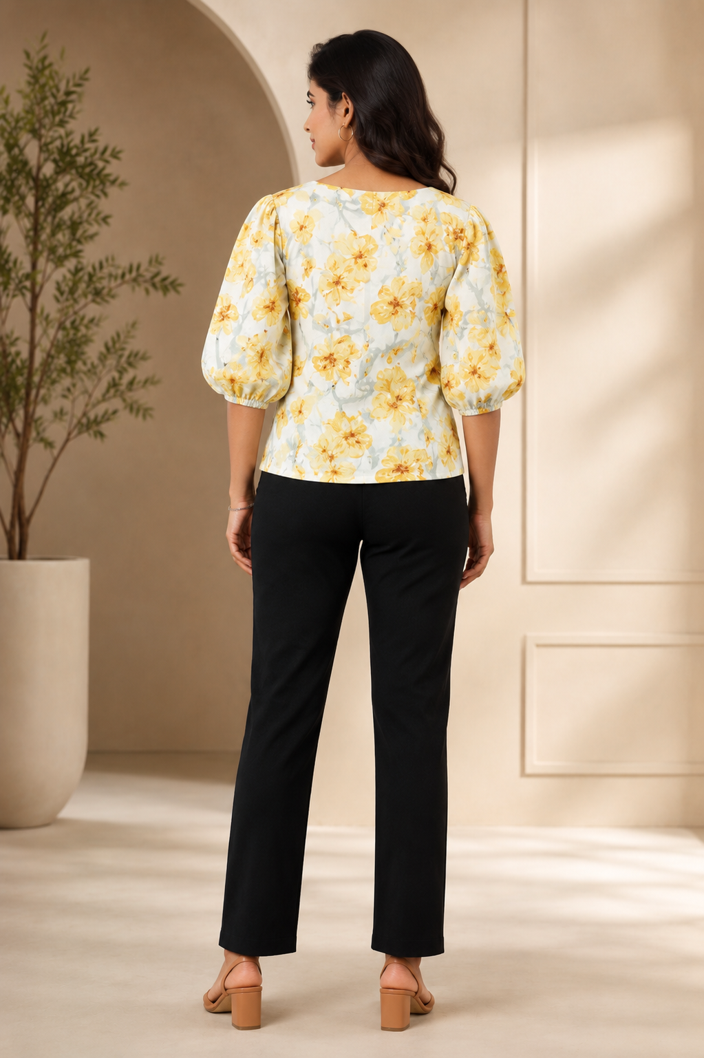 Yellow Floral Printed Puff Sleeve Cotton Top for Women