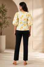 Yellow Floral Printed Puff Sleeve Cotton Top for Women