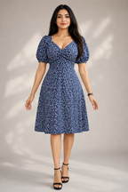Wine Floral Printed Midi Dress for Women