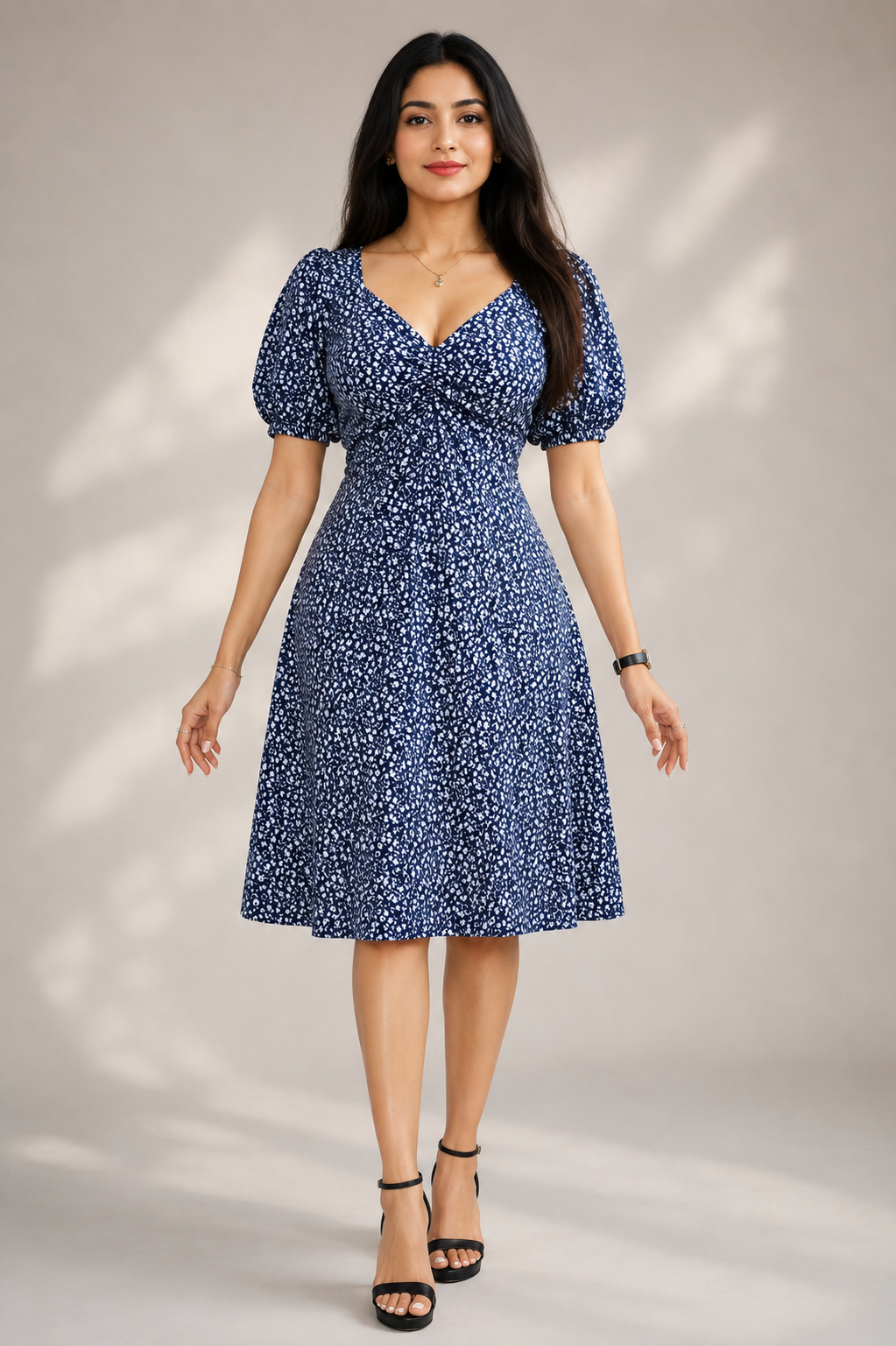 Wine Floral Printed Midi Dress for Women