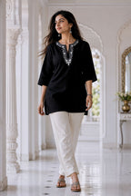 avAraNIya® Black Lightweight Cotton Short Kurti with Embroidered Neckline
