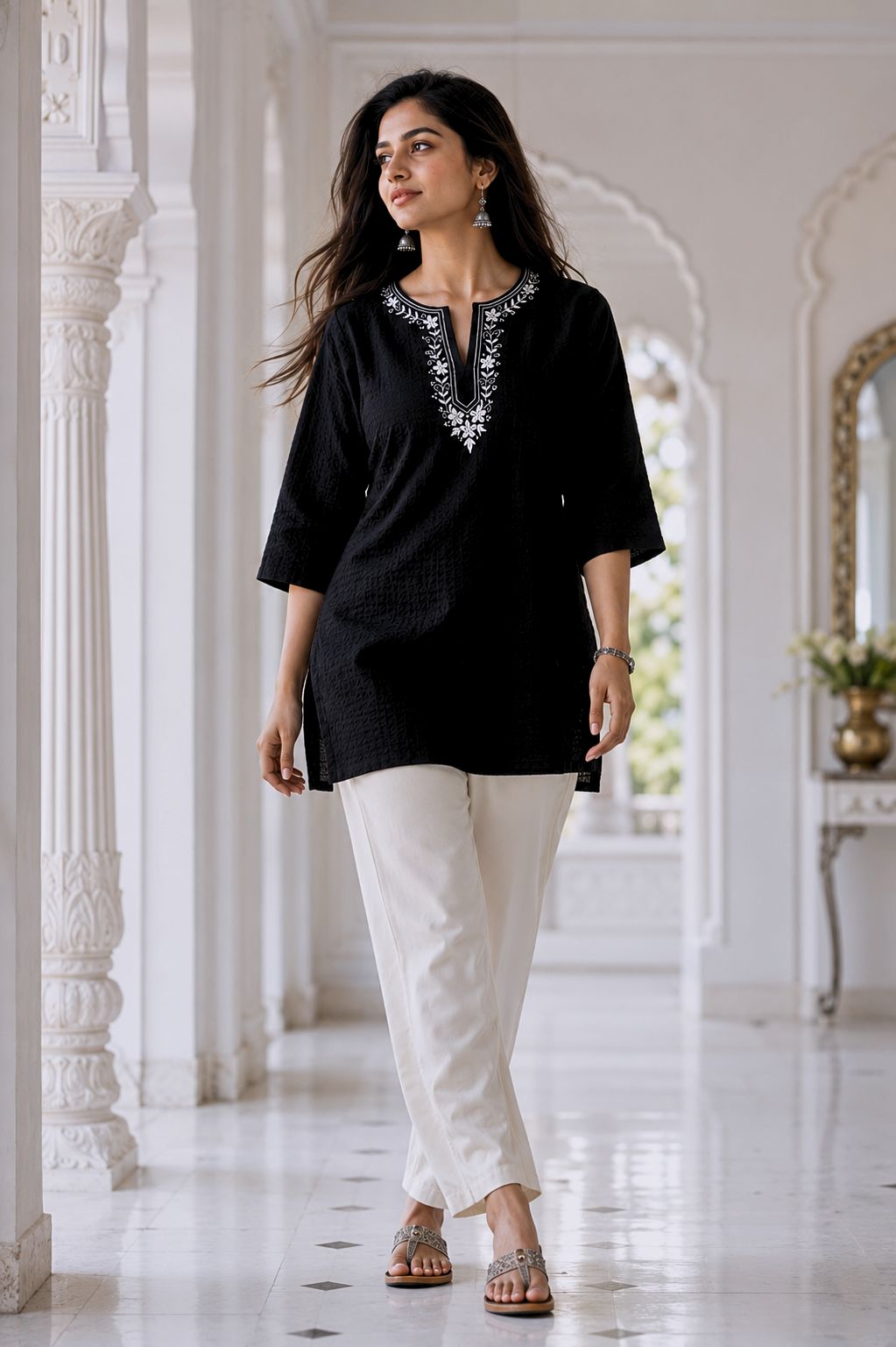 avAraNIya® Black Lightweight Cotton Short Kurti with Embroidered Neckline