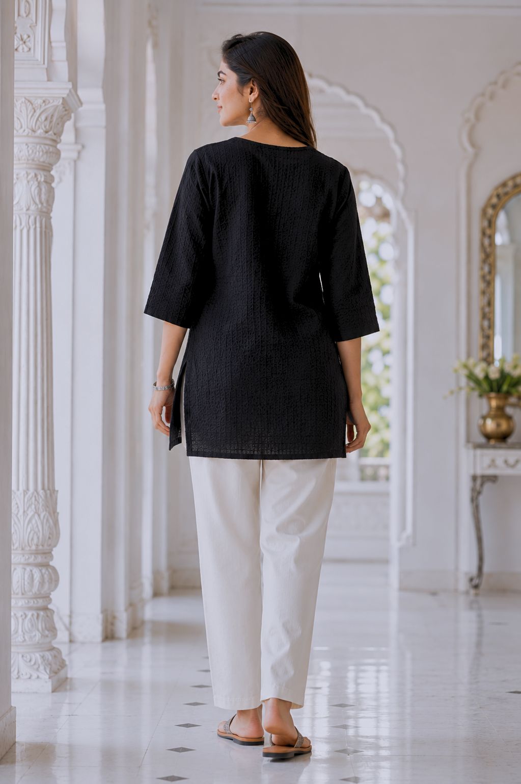 avAraNIya® Black Lightweight Cotton Short Kurti with Embroidered Neckline