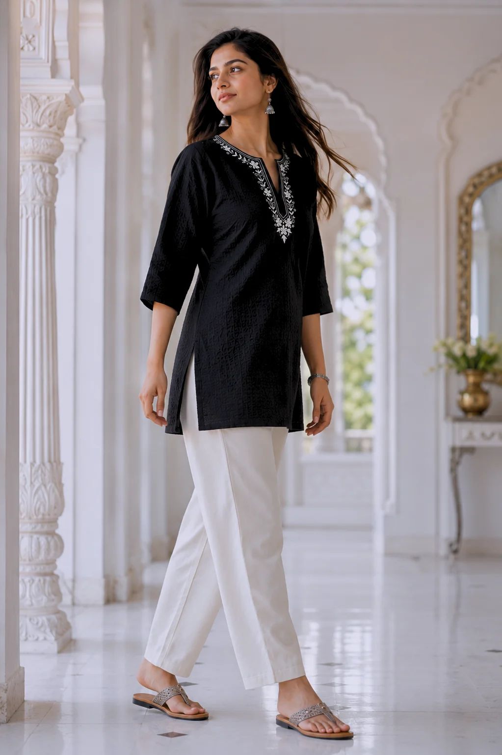 avAraNIya® Black Lightweight Cotton Short Kurti with Embroidered Neckline
