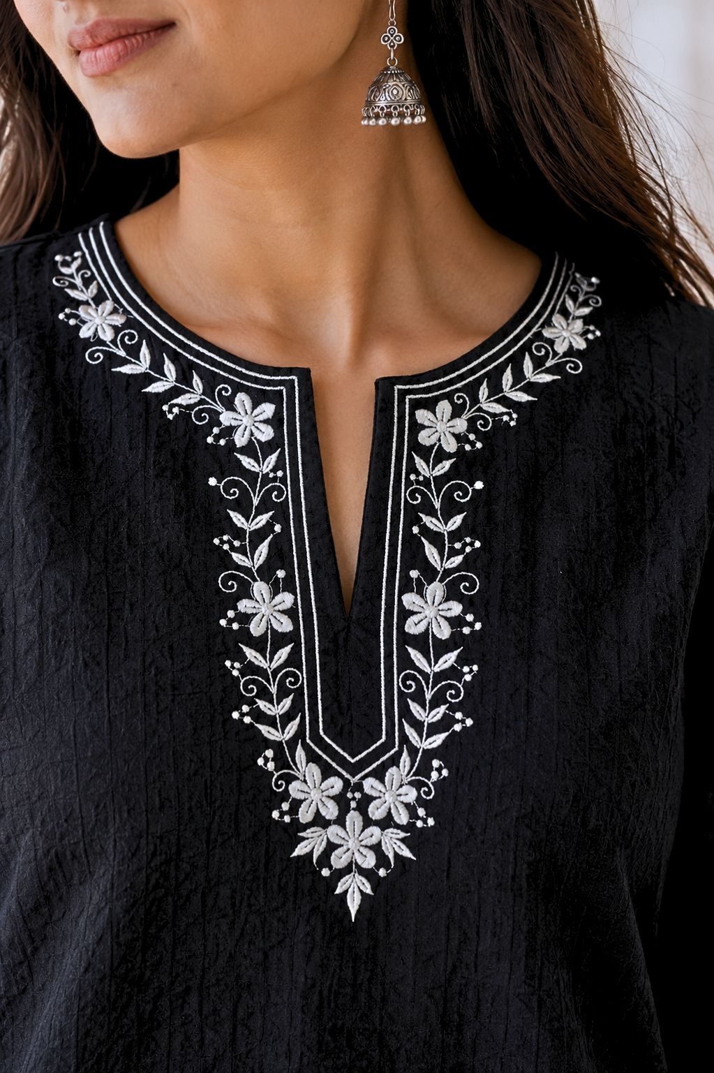 avAraNIya® Black Lightweight Cotton Short Kurti with Embroidered Neckline