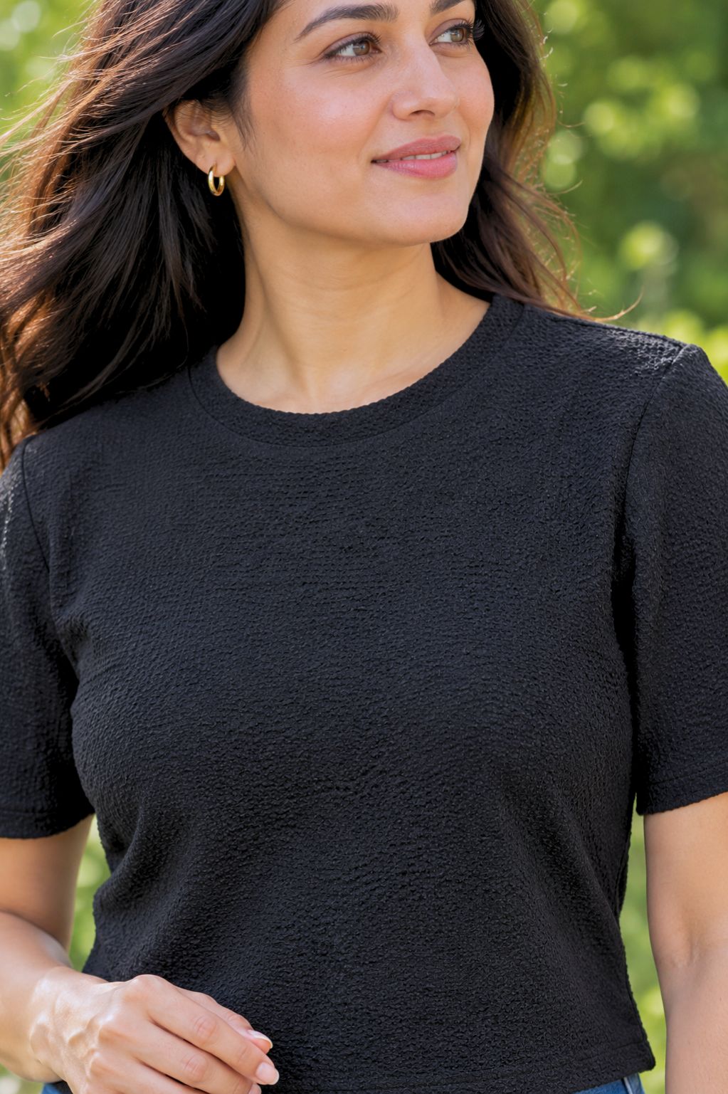 avAraNIya® Premium Black Textured Top for Women | Round Neck Short Sleeve Waist-Length Top | Stylish Casual & Western Wear