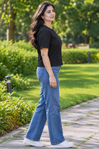 avAraNIya® Premium Black Textured Top for Women | Round Neck Short Sleeve Waist-Length Top | Stylish Casual & Western Wear