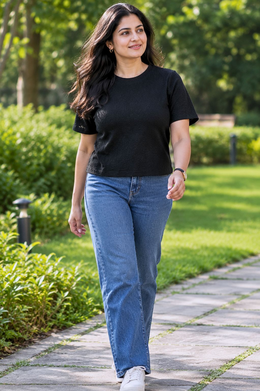 avAraNIya® Premium Black Textured Top for Women | Round Neck Short Sleeve Waist-Length Top | Stylish Casual & Western Wear