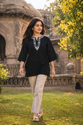 avAraNIya® Black Lightweight Cotton Short Kurti with Embroidered Neckline