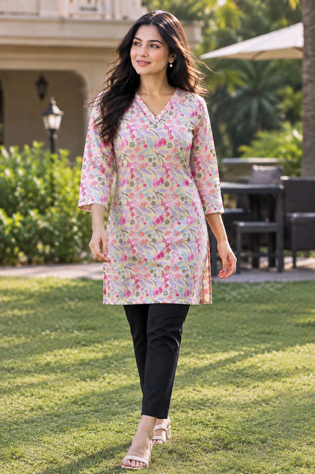 Pastel Floral Printed Cotton Short Kurti