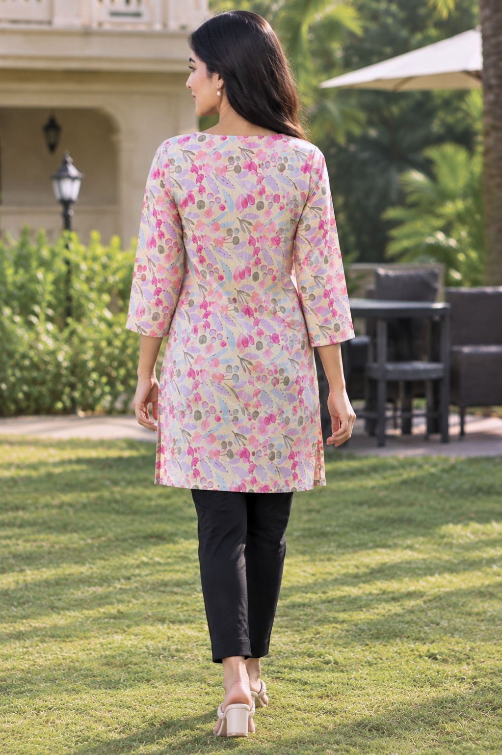 Pastel Floral Printed Cotton Short Kurti