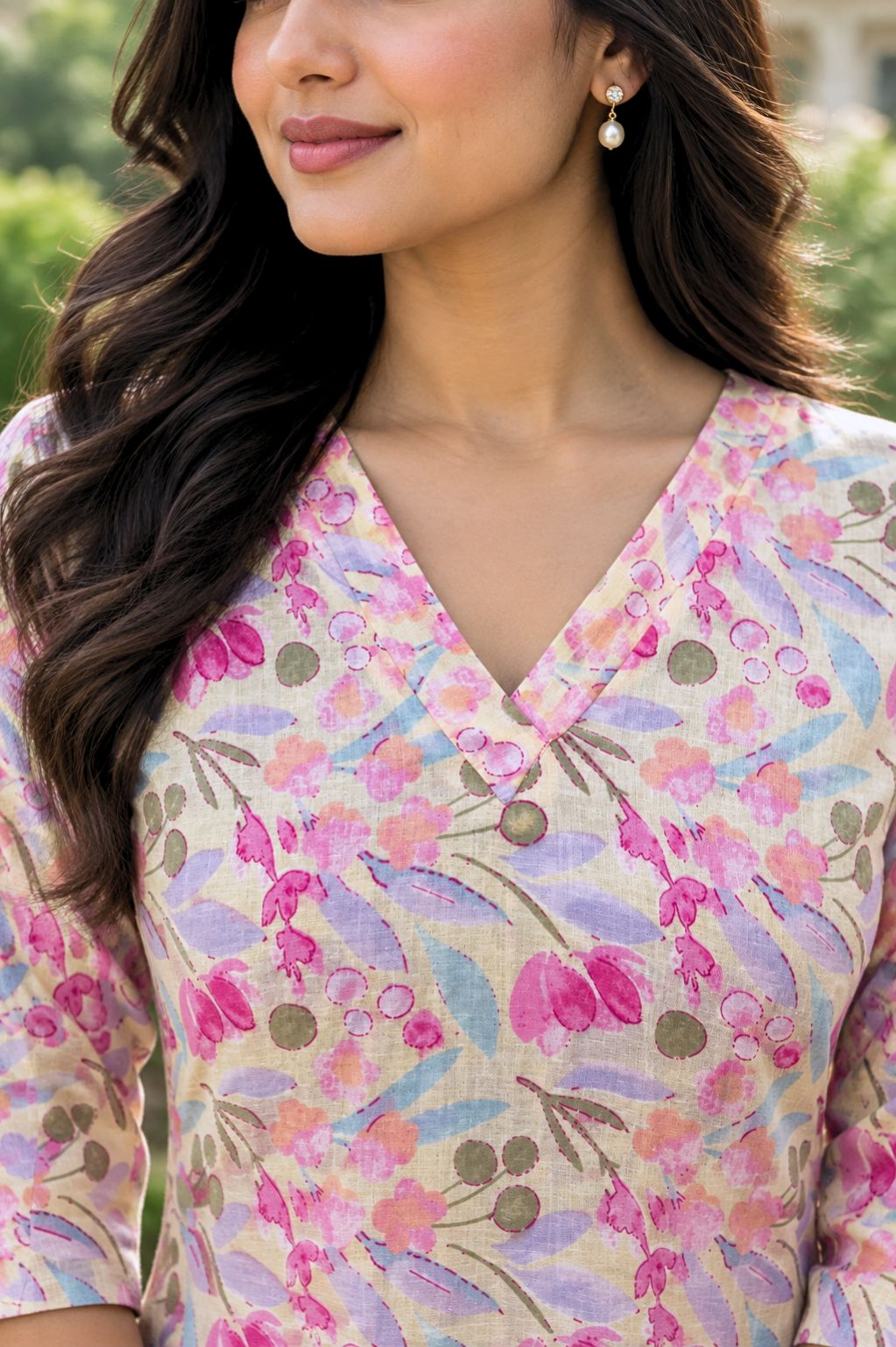 Pastel Floral Printed Cotton Short Kurti