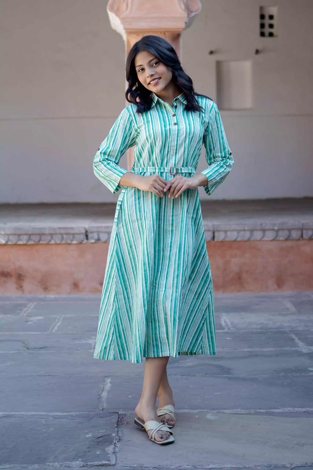Green Striped Cotton Midi Dress