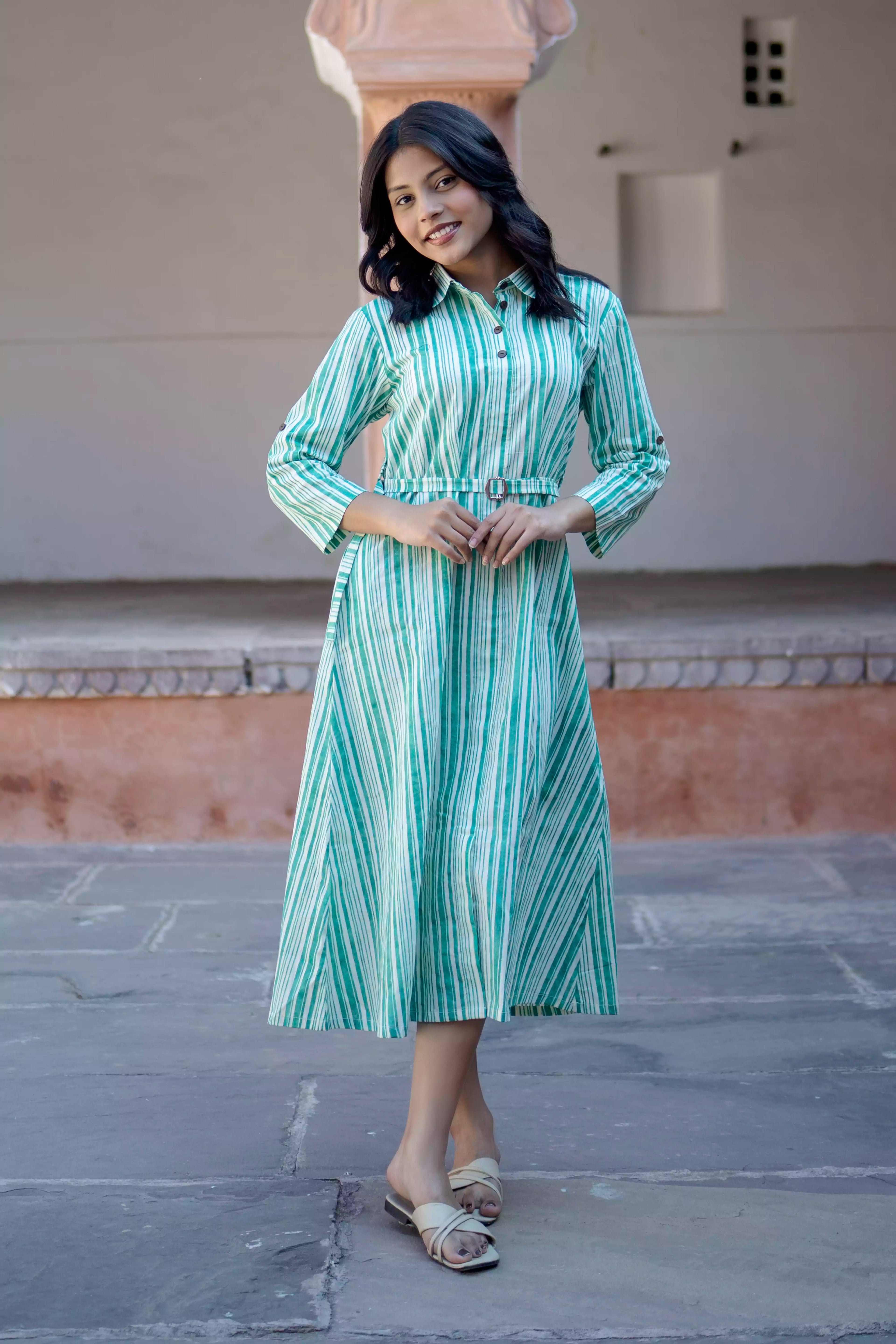 Green Striped Cotton Midi Dress