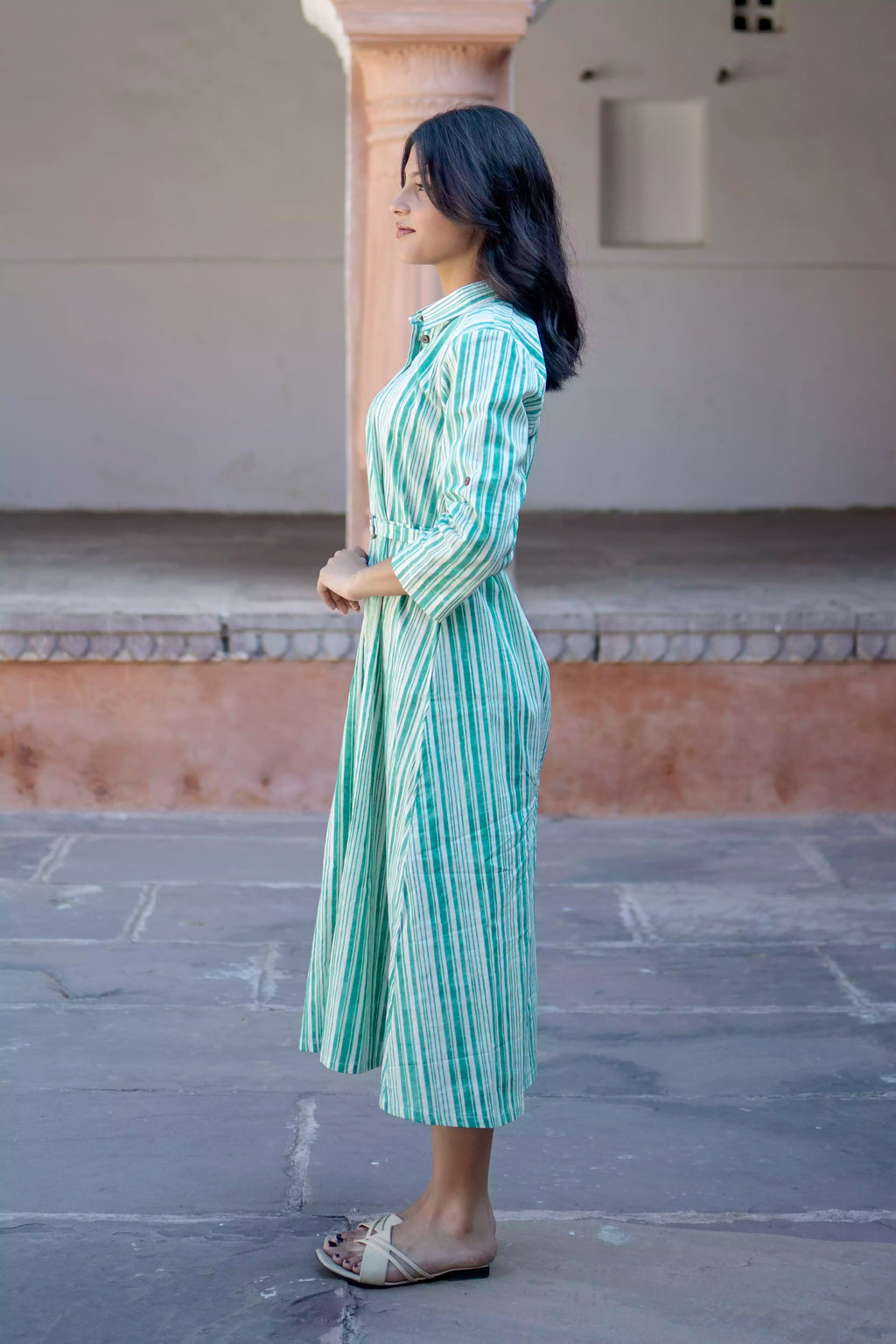 Green Striped Cotton Midi Dress