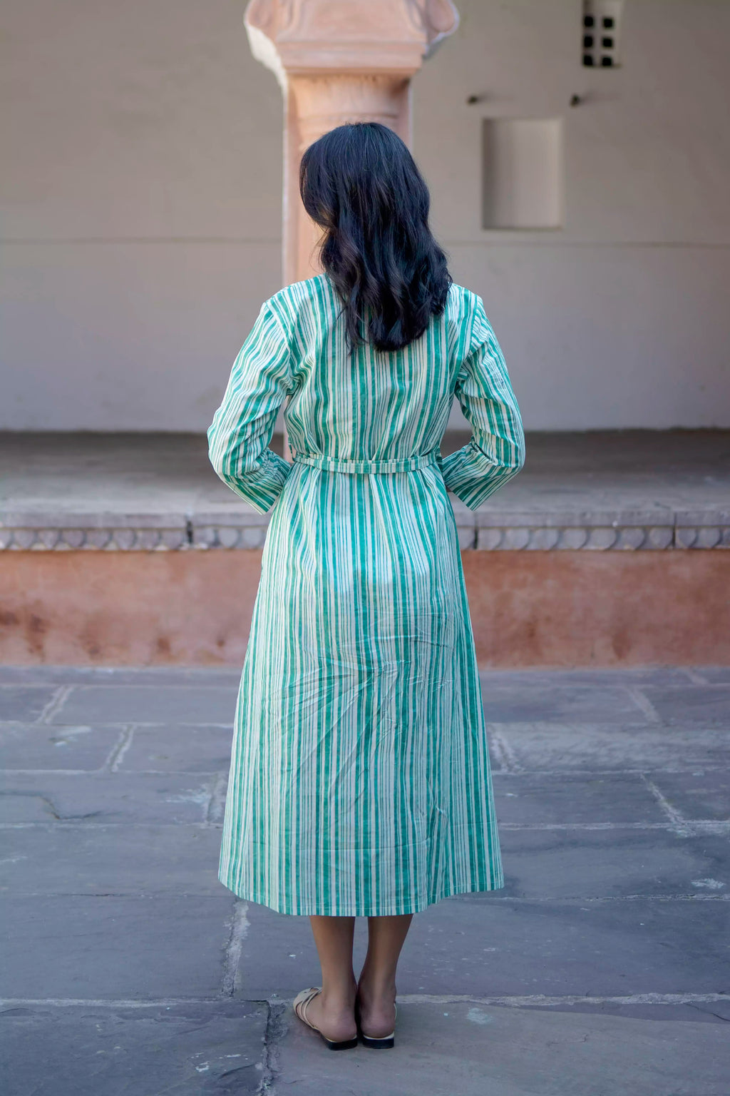 Green Striped Cotton Midi Dress