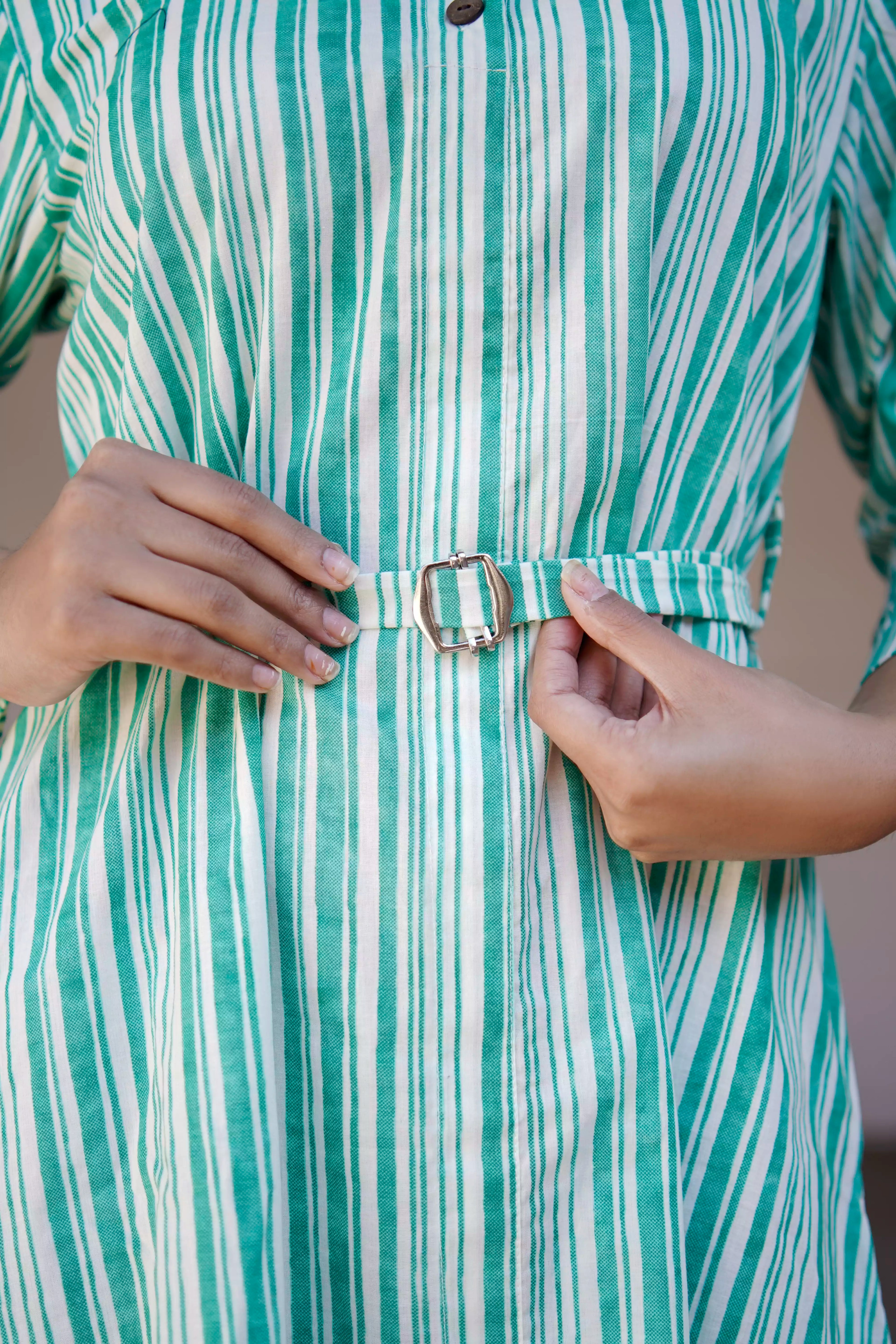 Green Striped Cotton Midi Dress