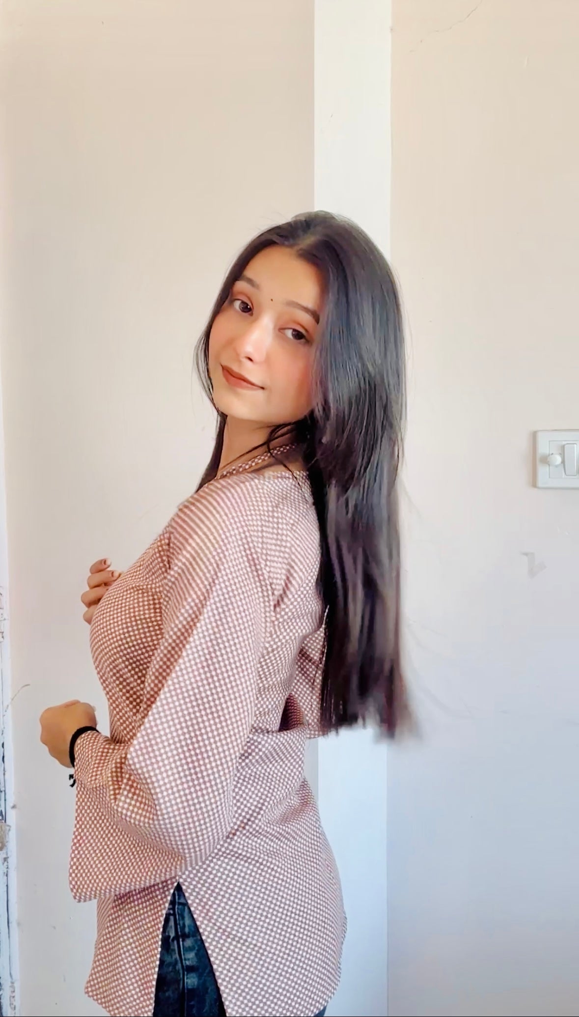 Brown V-Neck Bell Sleeve Top for Women