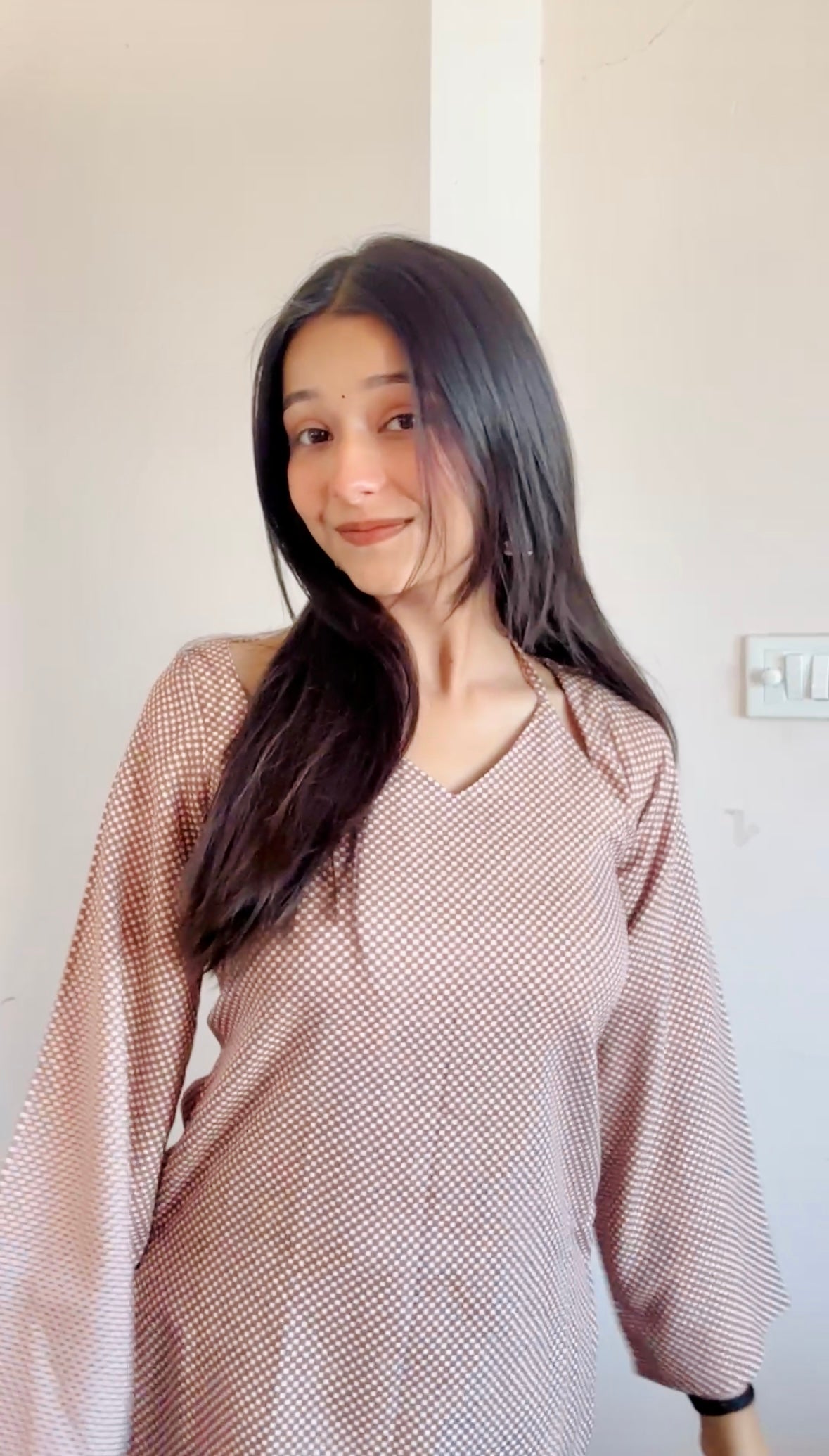 Brown V-Neck Bell Sleeve Top for Women