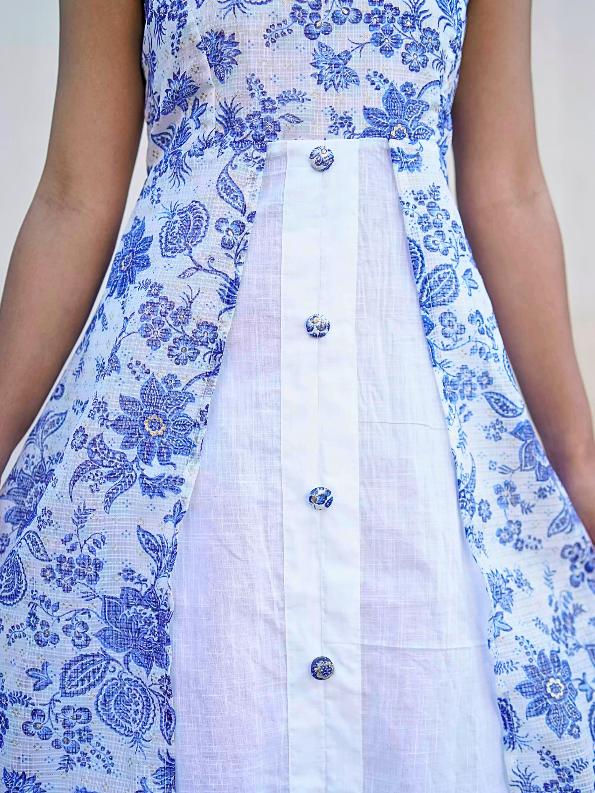 Blue & White Floral A-Line Midi Dress