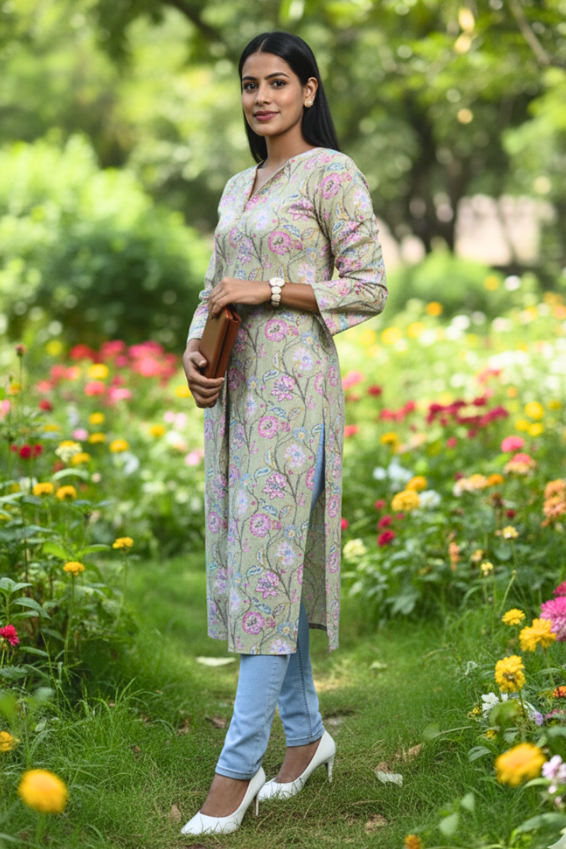 Pastel Green Floral Printed Straight Kurti