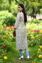 Pastel Green Floral Printed Straight Kurti
