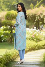 Aqua Blue Floral Printed Straight Kurti