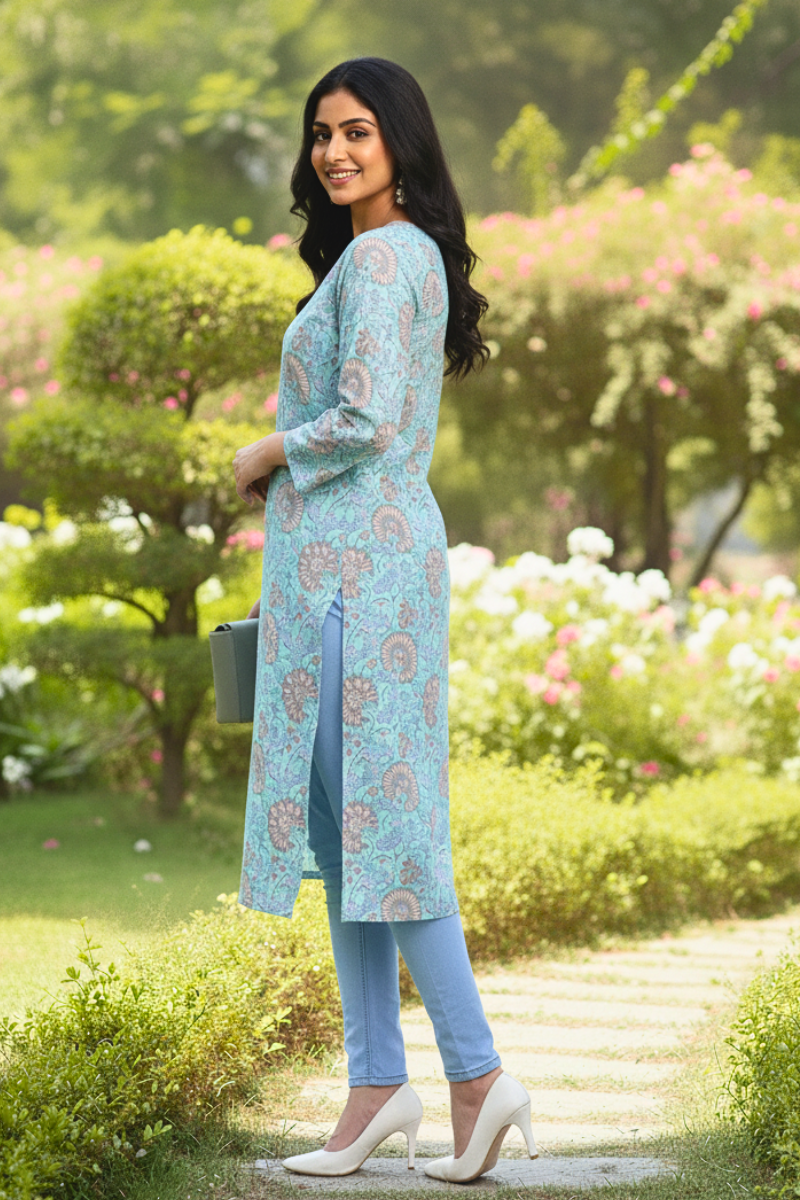 Aqua Blue Floral Printed Straight Kurti