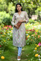Pastel Green Floral Printed Straight Kurti