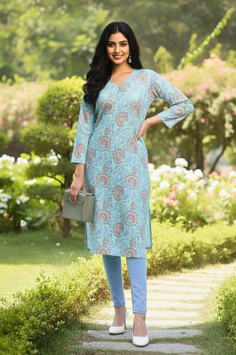 Aqua Blue Floral Printed Straight Kurti
