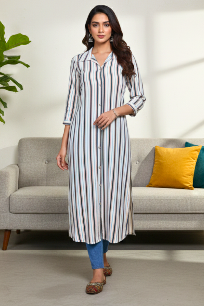 Multicolor Striped Button-Down Long Kurta