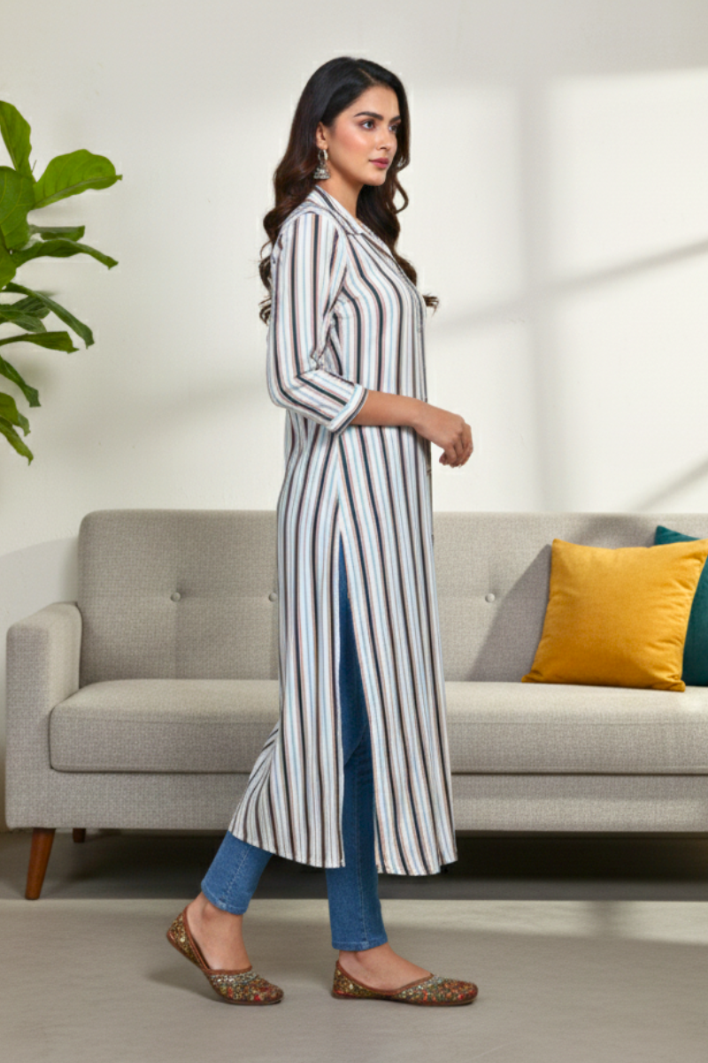 Multicolor Striped Button-Down Long Kurta