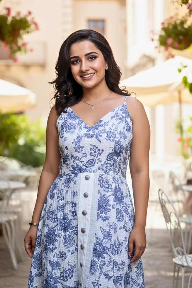 Blue & White Floral A-Line Midi Dress