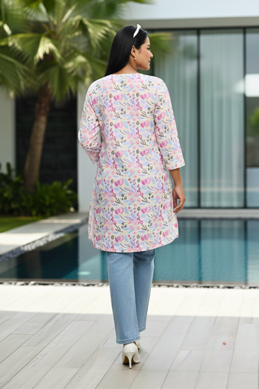 Pastel Floral Printed Cotton Short Kurti