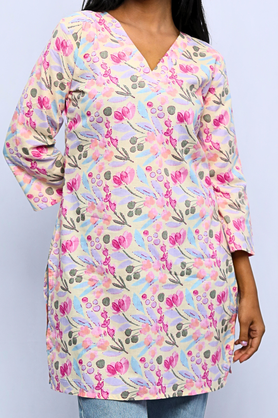 Pastel Floral Printed Cotton Short Kurti