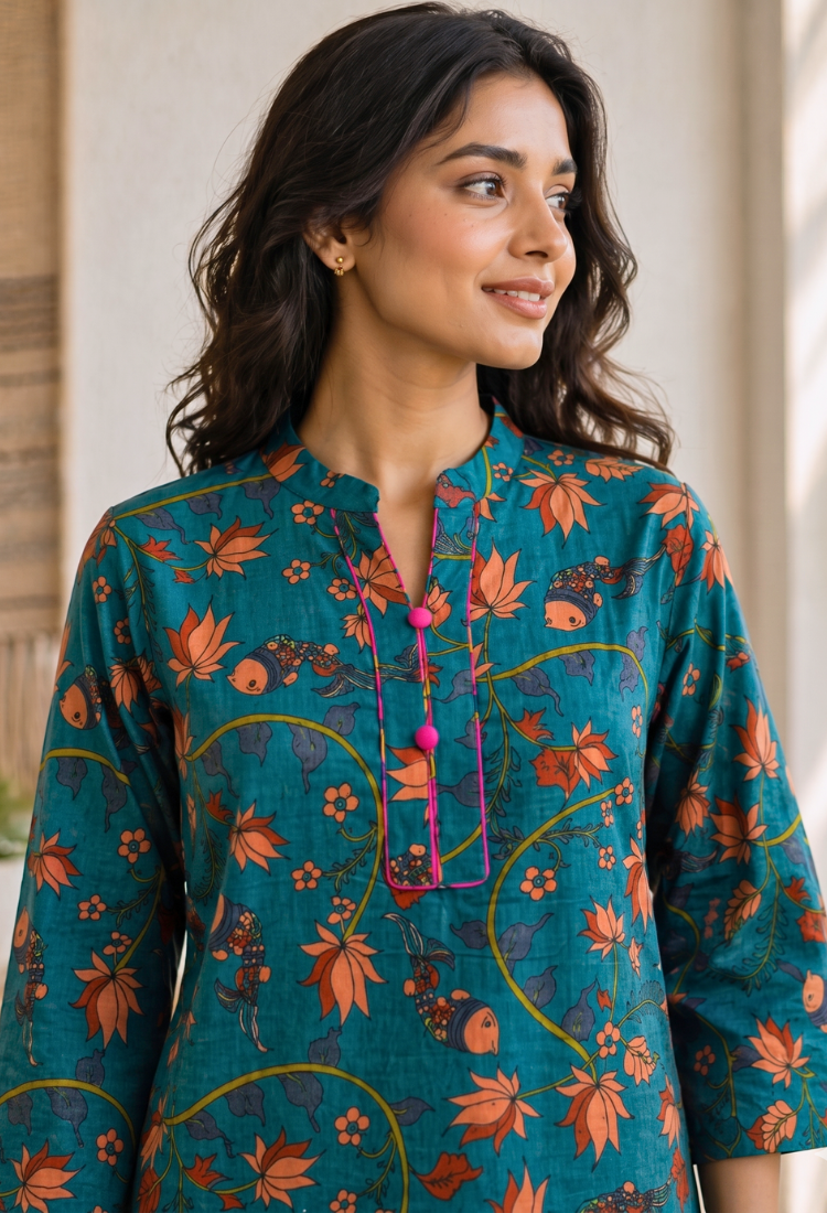 Pink Floral Printed Long Kurti for Women – Straight Fit Ethnic Wear