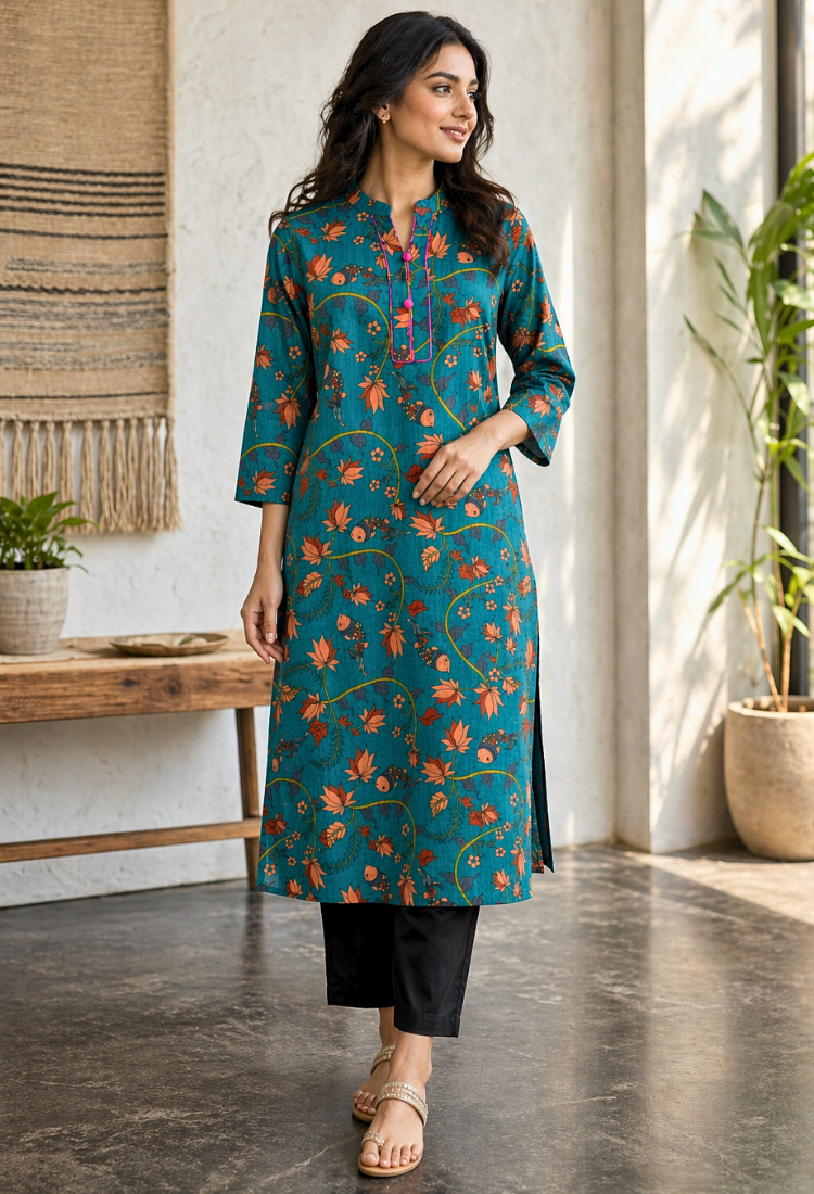 Pink Floral Printed Long Kurti for Women – Straight Fit Ethnic Wear