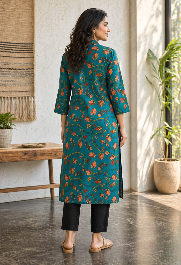 Pink Floral Printed Long Kurti for Women – Straight Fit Ethnic Wear