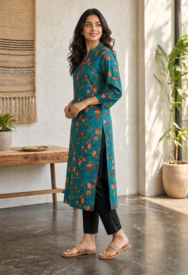 Pink Floral Printed Long Kurti for Women – Straight Fit Ethnic Wear