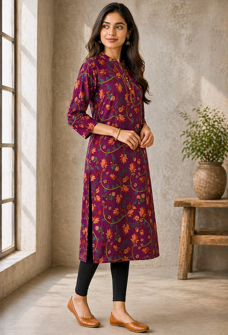 Pink Floral Printed Long Kurti for Women – Straight Fit Ethnic Wear