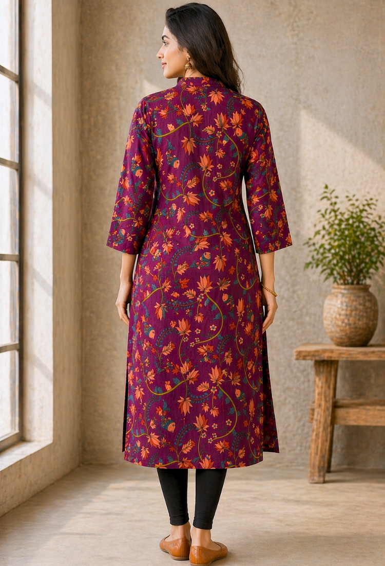 Pink Floral Printed Long Kurti for Women – Straight Fit Ethnic Wear