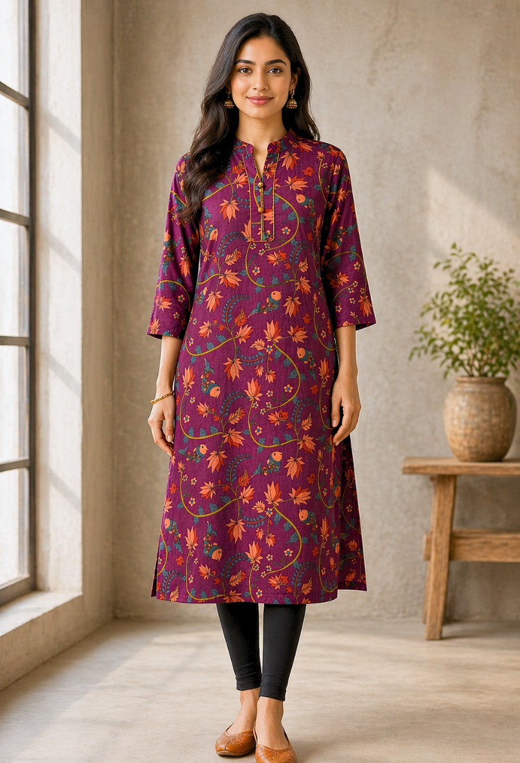 Pink Floral Printed Long Kurti for Women – Straight Fit Ethnic Wear