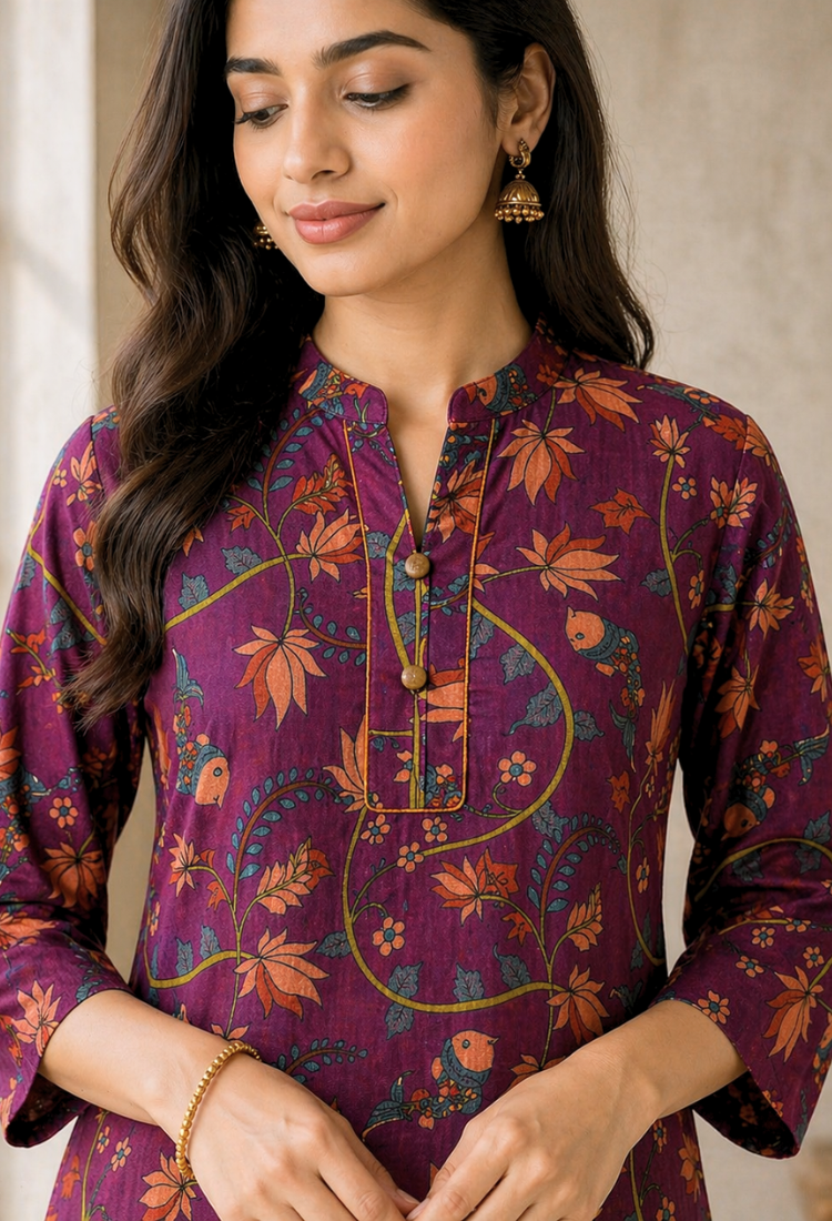 Pink Floral Printed Long Kurti for Women – Straight Fit Ethnic Wear