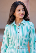 Green Striped Cotton Midi Dress